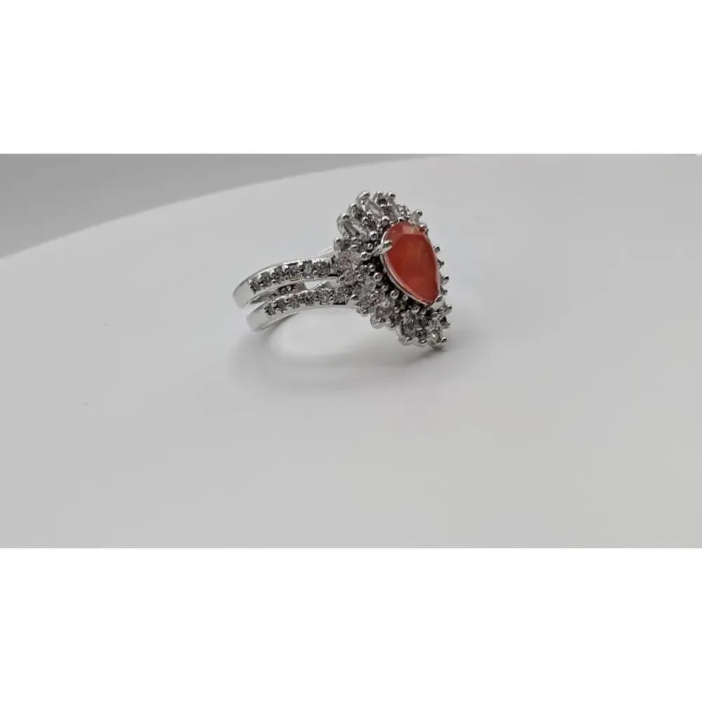 Silver Ring with Orange Gemstone and Clear Accent Stones, Size 8